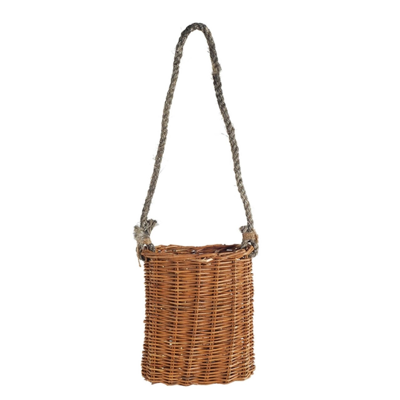 Saltoro Sherpi 9.5 Inch Woven Wicker Basket with Rope Hanger, Small, Brown-